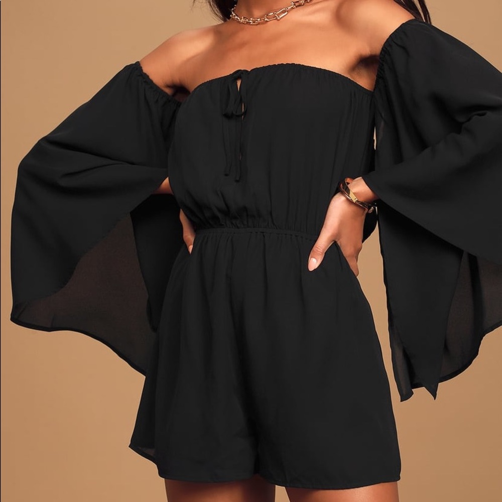 Black Off-The-Shoulder Cape Sleeve Romper